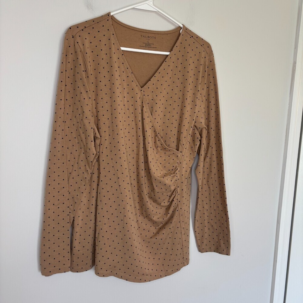 TALBOTS Wrap Shirt Womens XL Tan Black Polka Dot Long Sleeve V Neck  Stretch